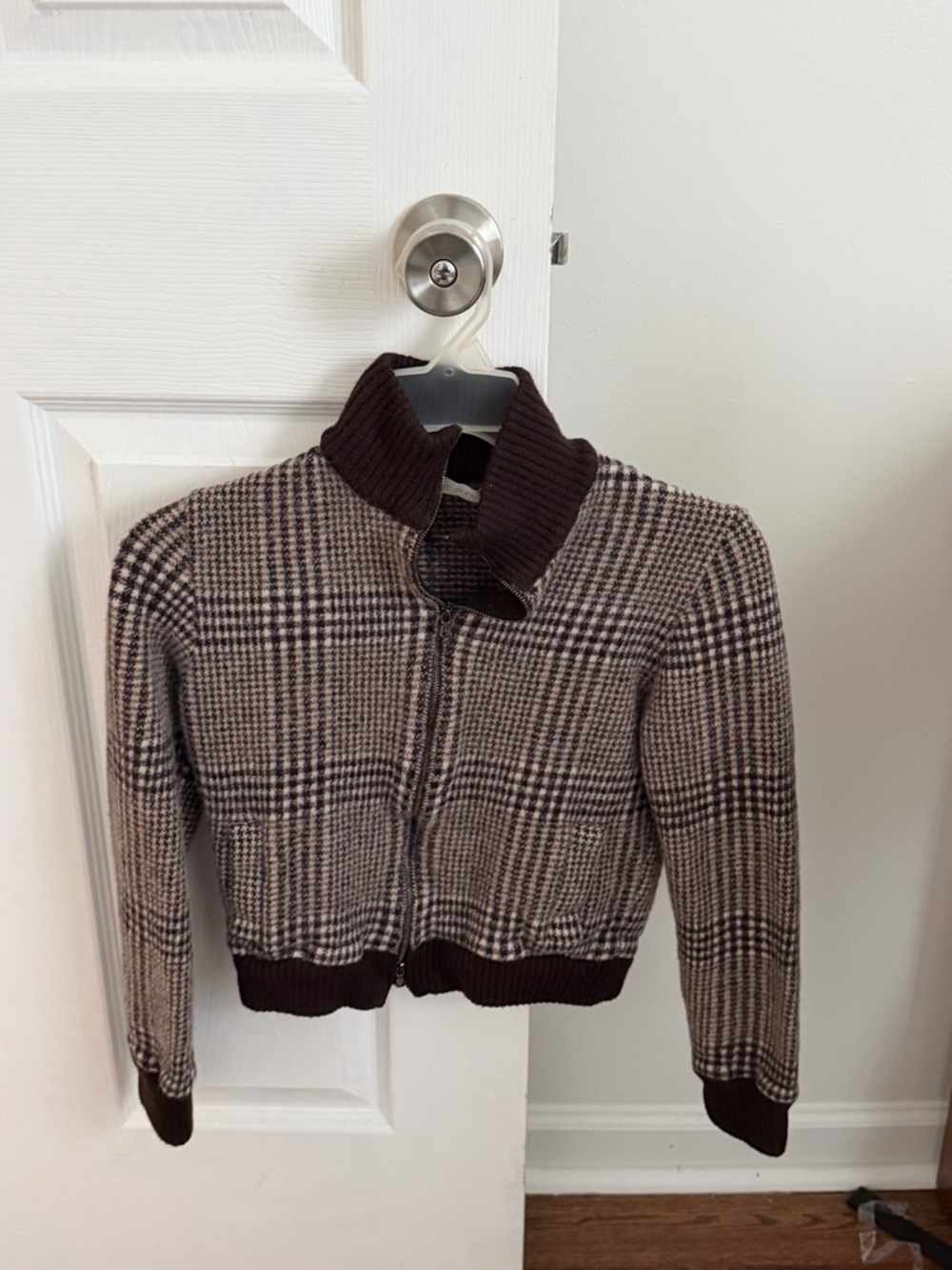 BP Brown Plaid Cashmere/wool/silk blend Zip-Up Knit Cardigan